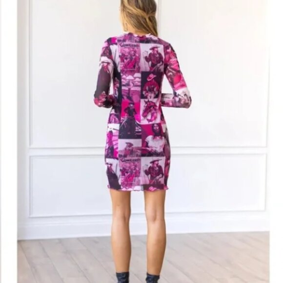 Fuchsia Western Inspired Lined Mesh Dress - Picture 4 of 6